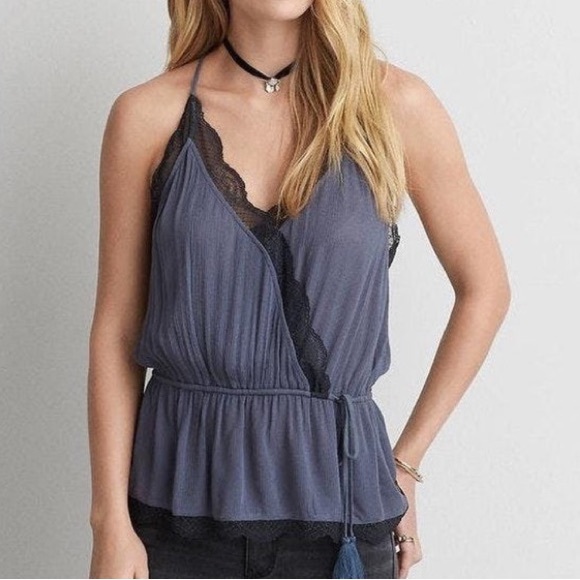 American Eagle Outfitters Tops - American Eagle Dusty Blue Lace Trim Tank Top NWOT